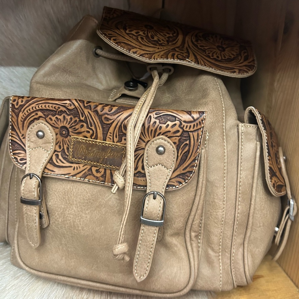 Wrangler Tan Leather Tote with Embossed Floral Design